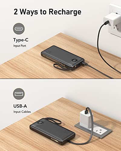 VEEKTOMX Portable Charger with Built in Cables, 10000mAh Ultra Slim Power Bank with 5 Outputs and LED Display, External Battery Compatible with iPhone/iPad/Samsung and Other Smart Devices for Travel