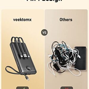 VEEKTOMX Portable Charger with Built in Cables, 10000mAh Ultra Slim Power Bank with 5 Outputs and LED Display, External Battery Compatible with iPhone/iPad/Samsung and Other Smart Devices for Travel