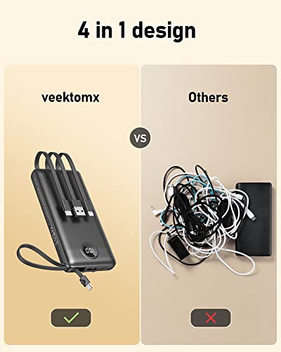 VEEKTOMX Portable Charger with Built in Cables, 10000mAh Ultra Slim Power Bank with 5 Outputs and LED Display, External Battery Compatible with iPhone/iPad/Samsung and Other Smart Devices for Travel