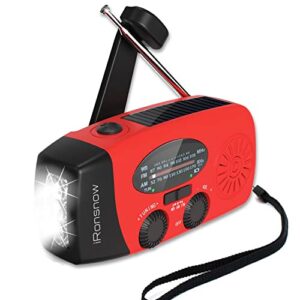 ironsnow solar emergency hand crank weather radio, portable self powered noaa am/fm radios with sos alarm led flashlight 2000mah power bank smart phone usb charger for camping (red)