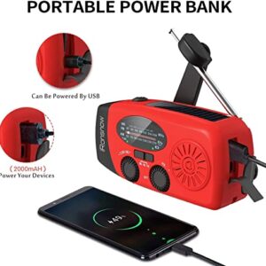 iRonsnow Solar Emergency Hand Crank Weather Radio, Portable Self Powered NOAA AM/FM Radios with SOS Alarm LED Flashlight 2000mAh Power Bank Smart Phone USB Charger for Camping (Red)