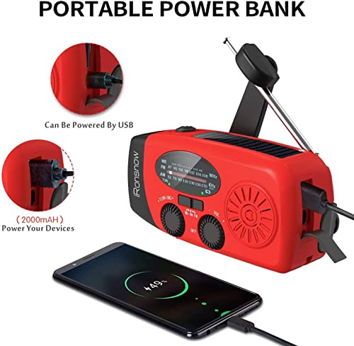 iRonsnow Solar Emergency Hand Crank Weather Radio, Portable Self Powered NOAA AM/FM Radios with SOS Alarm LED Flashlight 2000mAh Power Bank Smart Phone USB Charger for Camping (Red)