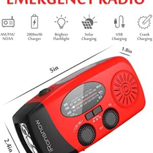 iRonsnow Solar Emergency Hand Crank Weather Radio, Portable Self Powered NOAA AM/FM Radios with SOS Alarm LED Flashlight 2000mAh Power Bank Smart Phone USB Charger for Camping (Red)