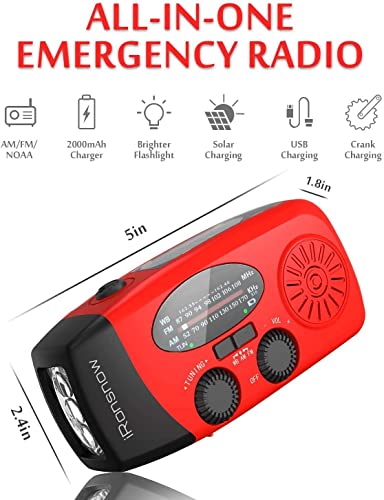 iRonsnow Solar Emergency Hand Crank Weather Radio, Portable Self Powered NOAA AM/FM Radios with SOS Alarm LED Flashlight 2000mAh Power Bank Smart Phone USB Charger for Camping (Red)
