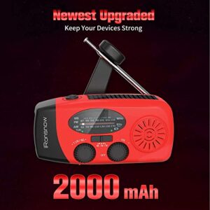 iRonsnow Solar Emergency Hand Crank Weather Radio, Portable Self Powered NOAA AM/FM Radios with SOS Alarm LED Flashlight 2000mAh Power Bank Smart Phone USB Charger for Camping (Red)