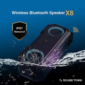 Sound Town 2-Pack of X8 Portable TWS Bluetooth Speakers, IPX7 Waterproof, Stereo Sound, LED Light, Built-in Mic for Phone Calls and Battery Power Bank, for Home and Outdoor, Black (X8-BK-Pair)