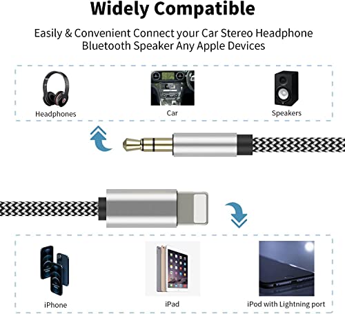 Apple MFi Certified iPhone Aux Cord for Car, Lightning to 3.5mm Audio Cable, Auxiliary Cord Compatible with iPhone 13/12/11/XR/XS/X/8/7/6 Plus/SE 2, Nylon Braid-3.3ft (Silver)