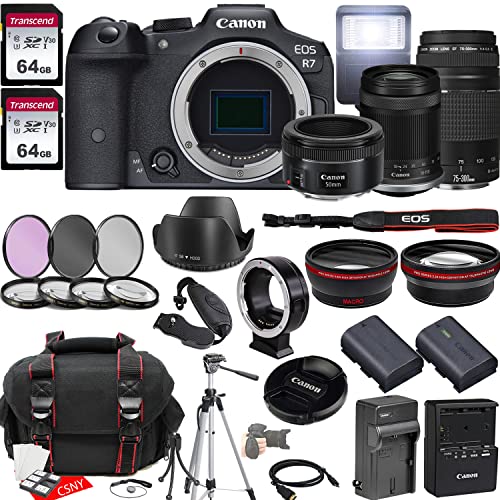 Canon EOS R7 Mirrorless Camera w/RF-S 18-150mm f/3.5-6.3 is STM Lens + EF 75-300mm f/4-5.6 III Lens + EF 50mm f/1.8 STM Lens + 2X 64GB Memory + Hood + Case + Filters + Tripod & More (35pc Bundle)