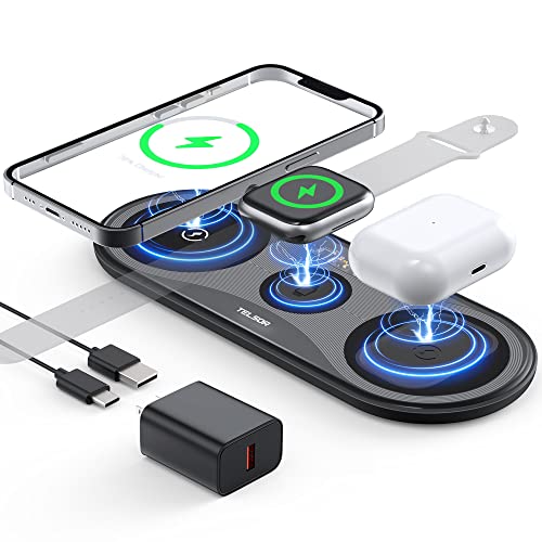 Wireless Charging Pad,TELSOR Portable 3 in 1 Wireless Charger Station for Multiple Devices,Ultra-Slim Travel Charging Pad for Apple Watch 7/6/5/4/3/2,iPhone 14 13 12 Pro& AirPods 3/2/Pro