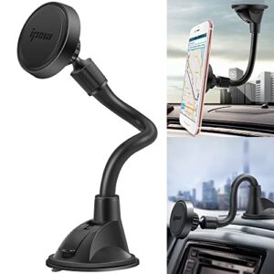 ipow long arm universal magnetic cradle windshield dashboard cell phone mount holder with 4 metal plates, soft firm goose arm & enhanced suction cup