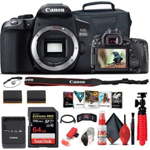 canon eos rebel 850d / t8i dslr camera (body only) + 64gb card + case + corel photo software + lpe17 battery + external charger + card reader + flex tripod + hdmi cable + more (renewed)
