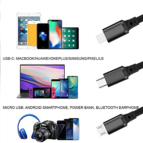 Bismdky 3 Pack 3 in 1 Multi USB Retractable Fast Charger Cable,Multiple Charging Cord Adapter withIP/Micro USB/Type C Port Adapter, Fast Charging Compatible with Cell Phones Tablets Universal Use