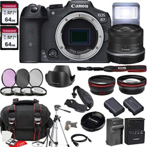 canon eos r7 mirrorless camera w/rf-s 18-45mm f/4.5-6.3 is stm lens + 2x 64gb memory + hood + case + filters + tripod & more (35pc bundle)