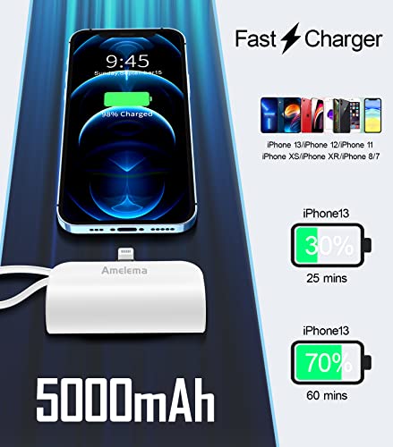 amelema Small Portable Charger for iPhone, 5000mAh Mini Power Bank with Built-in Cable/Metal Stand, Cute Battery Pack Compatible with iPhone 14/14 Plus/Pro Max/13/12/11/XS/XR/X/8/7/Airpods (White)