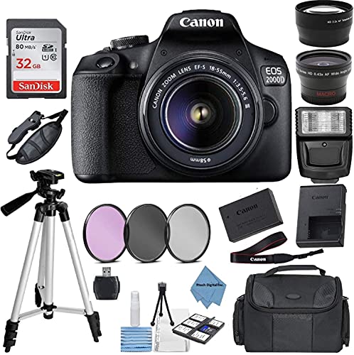 Canon EOS 2000D Rebel T7 Kit with EF-S 18-55mm f/3.5-5.6 III Lens + Accessory Bundle + Rtech Digital Cloth