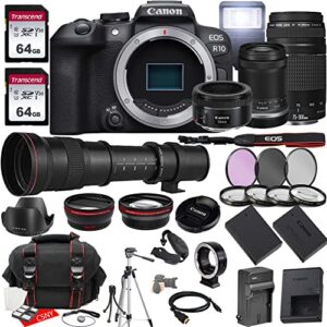 canon eos r10 mirrorless camera w/rf-s 18-150mm f/3.5-6.3 is stm + ef 75-300mm f/4-5.6 iii + ef 50mm f/1.8 stm + 420-800mm f/8.3 hd lenses + 2x 64gb memory, case, filters, tripod & more (35pc bundle)