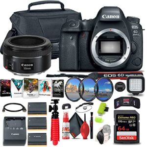 canon eos 6d mark ii dslr camera (body only) (1897c002) + canon ef 50mm lens + 64gb memory card + case + filter kit + corel photo software + 2 x lpe6 battery + led light + more (renewed)