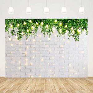 ablin 10x7ft spring theme white brick wall backdrop for photography brick wall green leaves warm light photo background for kids portrait bridal shower party decorations props