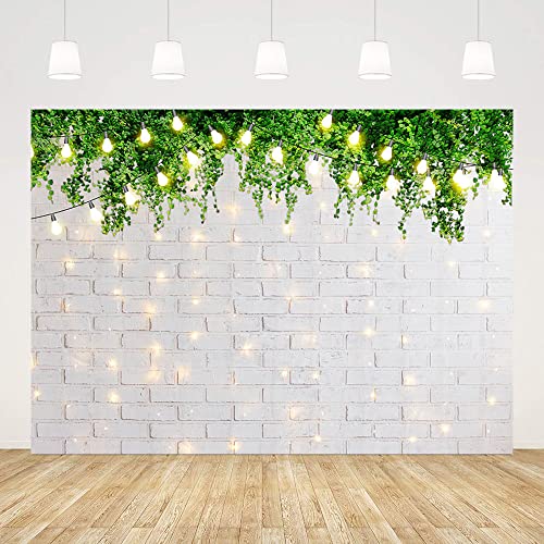 ABLIN 10x7ft Spring Theme White Brick Wall Backdrop for Photography Brick Wall Green Leaves Warm Light Photo Background for Kids Portrait Bridal Shower Party Decorations Props
