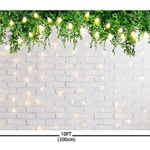 ABLIN 10x7ft Spring Theme White Brick Wall Backdrop for Photography Brick Wall Green Leaves Warm Light Photo Background for Kids Portrait Bridal Shower Party Decorations Props