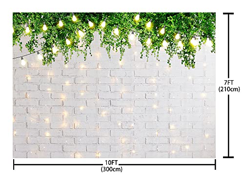 ABLIN 10x7ft Spring Theme White Brick Wall Backdrop for Photography Brick Wall Green Leaves Warm Light Photo Background for Kids Portrait Bridal Shower Party Decorations Props