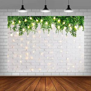 ABLIN 10x7ft Spring Theme White Brick Wall Backdrop for Photography Brick Wall Green Leaves Warm Light Photo Background for Kids Portrait Bridal Shower Party Decorations Props