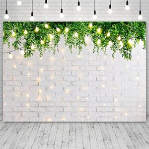 ABLIN 10x7ft Spring Theme White Brick Wall Backdrop for Photography Brick Wall Green Leaves Warm Light Photo Background for Kids Portrait Bridal Shower Party Decorations Props
