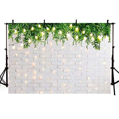 ABLIN 10x7ft Spring Theme White Brick Wall Backdrop for Photography Brick Wall Green Leaves Warm Light Photo Background for Kids Portrait Bridal Shower Party Decorations Props