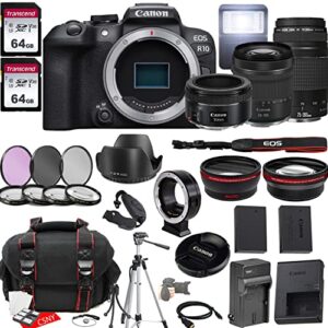 canon eos r10 mirrorless camera w/rf-s 18-45mm f/4.5-6.3 is stm lens + ef 75-300mm f/4-5.6 iii lens + ef 50mm f/1.8 stm lens + 2x 64gb memory + hood + case + filters + tripod & more (35pc bundle)