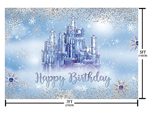 AIBIIN 7x5ft Winter Happy Birthday Backdrop for Baby Blue Winter Onederland Castle Glitter Snowflake Wonderland Photography Background Princess Prince Bday Party Decoration Banner Photo Booth Studio