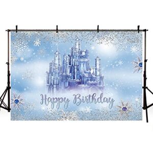 AIBIIN 7x5ft Winter Happy Birthday Backdrop for Baby Blue Winter Onederland Castle Glitter Snowflake Wonderland Photography Background Princess Prince Bday Party Decoration Banner Photo Booth Studio