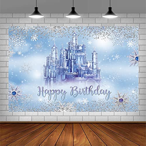 AIBIIN 7x5ft Winter Happy Birthday Backdrop for Baby Blue Winter Onederland Castle Glitter Snowflake Wonderland Photography Background Princess Prince Bday Party Decoration Banner Photo Booth Studio