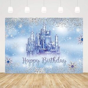 AIBIIN 7x5ft Winter Happy Birthday Backdrop for Baby Blue Winter Onederland Castle Glitter Snowflake Wonderland Photography Background Princess Prince Bday Party Decoration Banner Photo Booth Studio