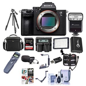 sony alpha a7 iii 24mp uhd 4k mirrorless digital camera body – bundle 64gb sdhc u3 card, camera case, spare battery, tripod, video light, flash, remote shutter release, software package, and more