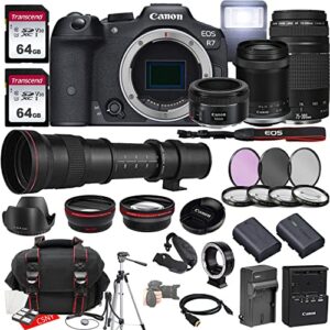 canon eos r7 mirrorless camera w/rf-s 18-150mm f/3.5-6.3 is stm + ef 75-300mm f/4-5.6 iii + ef 50mm f/1.8 stm + 420-800mm f/8.3 lenses + 2x 64gb memory + case + filters + tripod & more (35pc bundle)