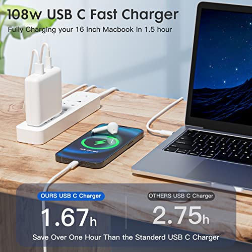 2 Port 108W 12W QC 96W USB C Charger for MacBook Air/MacBook Pro，Compatible with iPad Pro，Charger with 2M USB C to C Charging Cable