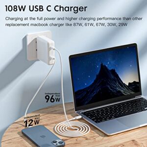 2 Port 108W 12W QC 96W USB C Charger for MacBook Air/MacBook Pro，Compatible with iPad Pro，Charger with 2M USB C to C Charging Cable