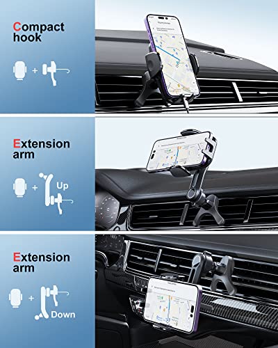 Car Vent Phone Holder Mount Clip with Extension Arm[2 Mounting Options][Never Blocking] Universal 2 In 1 Car Cell Phone Holder Mount [360°Rotation] Compatible with iPhone 13 14 Samsung All 4-7"Phone