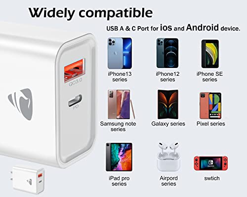 USB C Wall Charger, Aioneus 20w USB C Power Adapter, PowerPort PD iPhone Fast Charging Block, Dual Port for iPad/iPad Mini, iPhone 13/13 Mini/13 Pro/13 Pro Max/12/11, Pixel, Galaxy, and More（White）