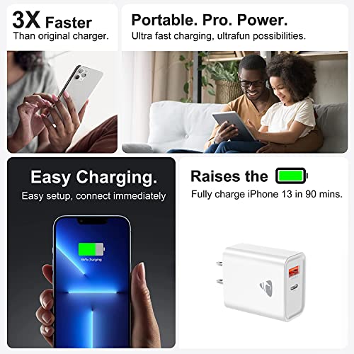 USB C Wall Charger, Aioneus 20w USB C Power Adapter, PowerPort PD iPhone Fast Charging Block, Dual Port for iPad/iPad Mini, iPhone 13/13 Mini/13 Pro/13 Pro Max/12/11, Pixel, Galaxy, and More（White）