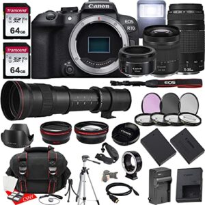 canon eos r10 mirrorless camera w/rf 24-105mm f/4-7.1 is stm + ef 75-300mm f/4-5.6 iii + ef 50mm f/1.8 stm + 420-800mm f/8.3 lenses + 2x 64gb memory, hood, case, filters, tripod & more (35pc bundle)