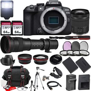 Canon EOS R10 Mirrorless Camera w/RF 24-105mm f/4-7.1 is STM Lens + 420-800mm f/8.3 HD Manual Telephoto Lens + 2X 64GB Memory + Hood + Case + Filters + Tripod & More (35pc Bundle)