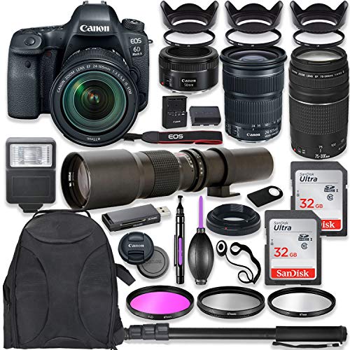 Canon EOS 6D Mark II DSLR Camera w/ 24-105mm STM Lens Bundle + Canon EF 75-300mm III Lens, Canon 50mm f/1.8 and 500mm Preset Lens + Deluxe Backpack + 64GB Memory + Monopod + Professional Bundle