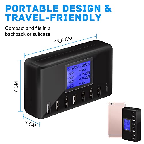 USB Charger, slitinto 60W 12A 8-Port USB Charging Station Multi Port USB Hub Charger Compact Size LCD Display Compatible with iPhone iPad Samsung Kindle Tablet Bluetooth Earbuds and More