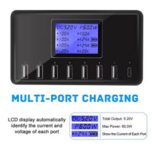 USB Charger, slitinto 60W 12A 8-Port USB Charging Station Multi Port USB Hub Charger Compact Size LCD Display Compatible with iPhone iPad Samsung Kindle Tablet Bluetooth Earbuds and More