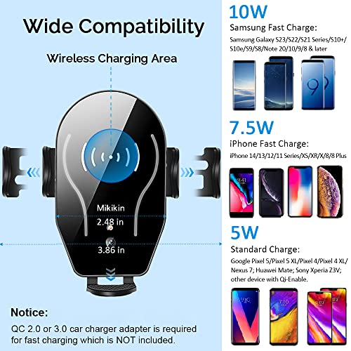 Wireless Car Charger Mount, Mikikin Auto-Clamping Qi 10W 7.5W Fast Charging Car Phone Holder Air Vent Compatible with iPhone 14 13 12 Pro Max Mini 11 XR XS X, Samsung Galaxy S23 S22 S21+ S10+ Note 20