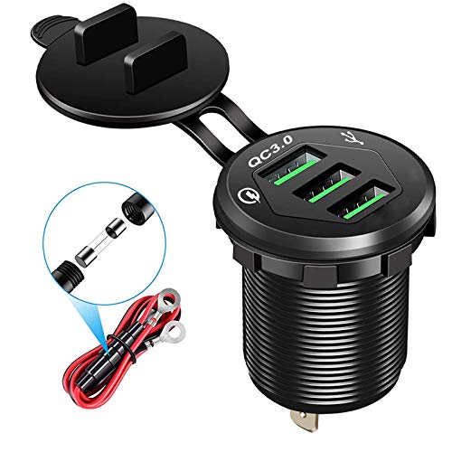 3 USB 3.0 Car Charger, 12V/24V 36W QC3.0 USB Charger Socket, 3 x USB 3.0 Socket Charger USB Outlet Fast Charge with 10A Wire Fuse Aluminum (Black)