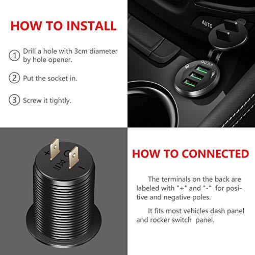 3 USB 3.0 Car Charger, 12V/24V 36W QC3.0 USB Charger Socket, 3 x USB 3.0 Socket Charger USB Outlet Fast Charge with 10A Wire Fuse Aluminum (Black)