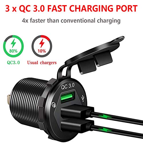 3 USB 3.0 Car Charger, 12V/24V 36W QC3.0 USB Charger Socket, 3 x USB 3.0 Socket Charger USB Outlet Fast Charge with 10A Wire Fuse Aluminum (Black)