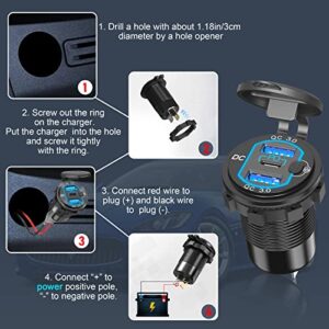 12V USB Outlet Qidoe Aluminum Dual 18W QC3.0 USB Outlet Port 20W PD USB C Car Charger Socket with Power Switch Waterproof Multiple Car USB Port Adapter for Boat Marine Truck Golf RV